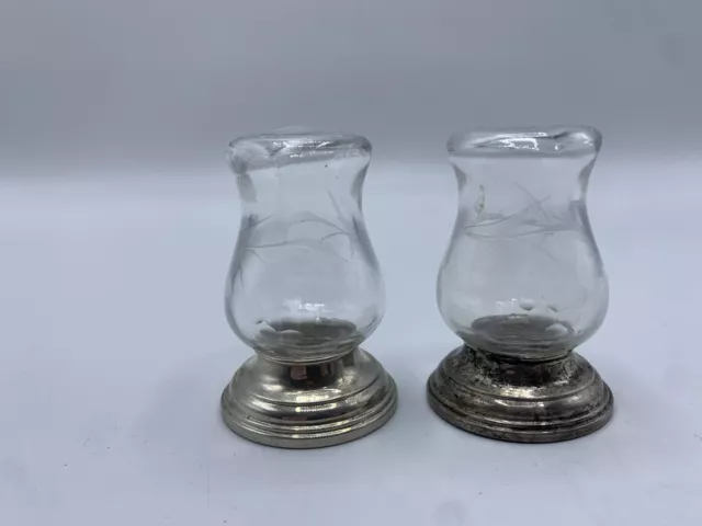 Vintage Alvin S270 Sterling Silver Weighted Etched Glass Salt and Pepper Shakers