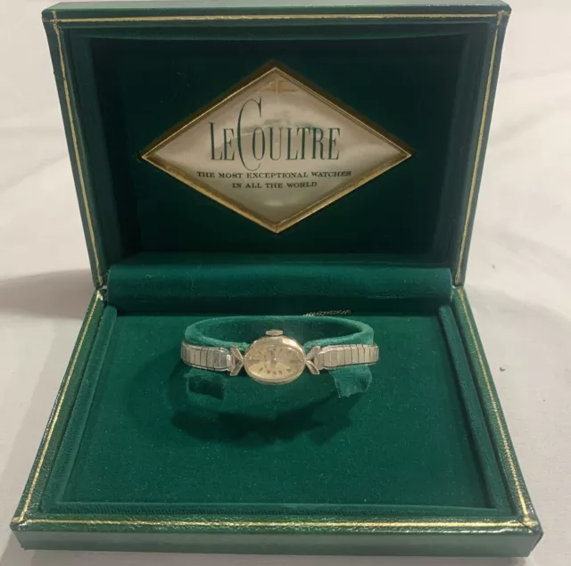 Vintage 10K White Gold Le Coultre Women Watch. Original Box & Certificate.