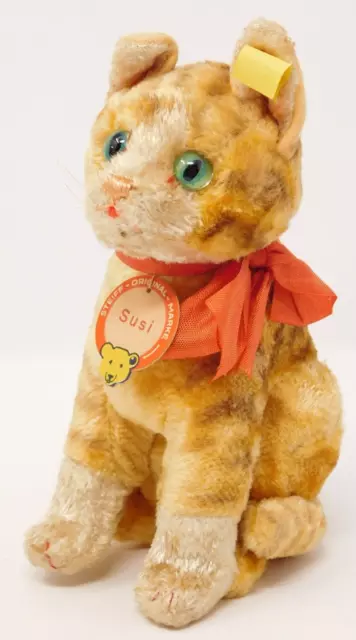 VNTG 1948-49 17cm Steiff #3617 SUSI CAT Orange Stripe Art Silk F Button 3 IDs