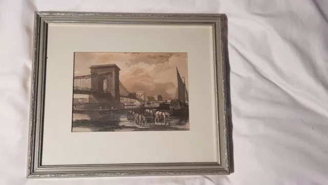 Gerahmte antike Gravur Hammerschmiedebrücke 1827. Handfarbig. J.D. Harding