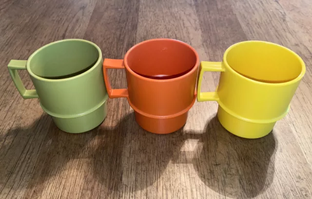 3 Vintage Tupperware #1312 Harvest Colors Stackable Coffee Tea Mugs W Handles