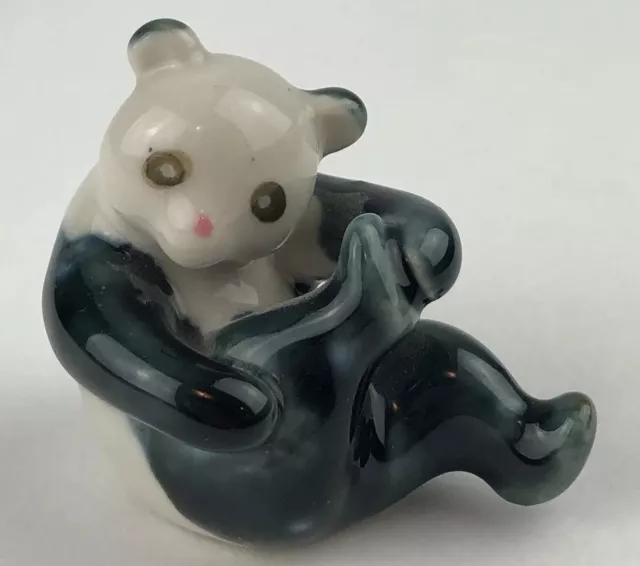 Vintage Playful Panda Figurine Ceramic 2” Mini