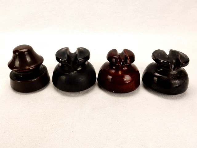 Lot of 4 Porcelain Electrical Insulators, High Voltage, Brown/Black, #INS-BOX4