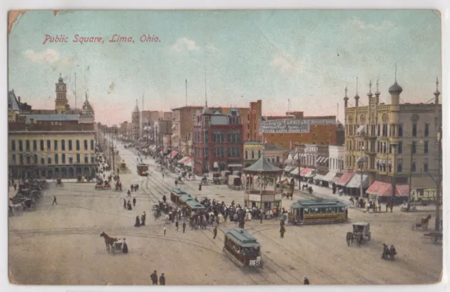 Early 1900’s Lima Ohio Public Square North Main Street Car Station Postcard