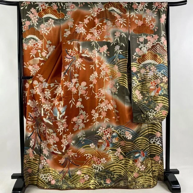 Japanese Kimono Furisode Pure Silk Phoenix Cherry Blossoms Gold Thread Vermilion