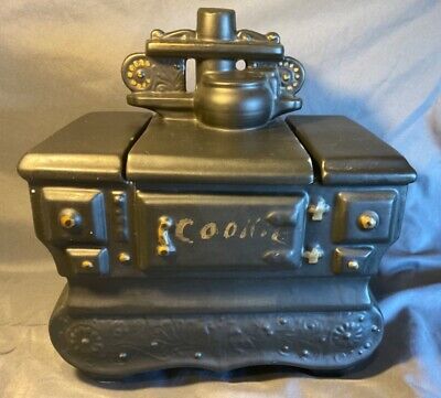 Vintage Real McCoy Black Cookie Jar Pottery Cast Iron Stove Oven Great Condition