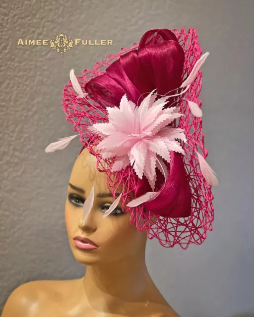 Kentucky Derby Fascinator Bridal Hat Hot Pink Fuchsia Berry Royal Ascot Del Mar