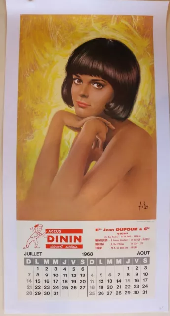 Affiche Originale Ancienne Aslan Calendrier Juillet Aout 1968 Dinin Dufour Vichy