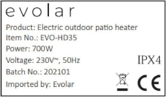 Evolar EVO-HD35 elektrischer Terrassenheizstrahler 350/700W schwenkbar 360