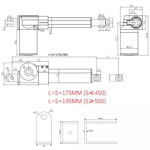 DC 12V 24V 6000N 1350lbs Electric Linear Actuator Motor 50mm ~1000mm 4mm/s Fast 3