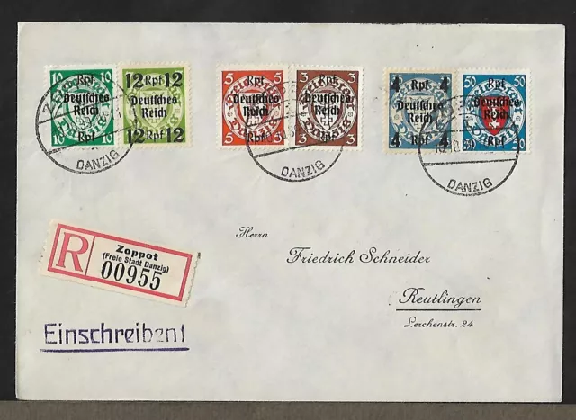 Free State Of Danzig Zoppot To Germany Ovpt Stamps On Registered Cover 1939