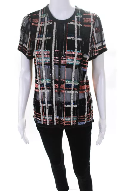 Parker Womens Shelly Sequin Check Short Sleeve Top Blouse Black Size Small LL19L