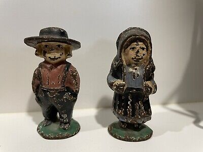 Vintage Lot of 2 Cast Iron Amish Man/Boy & Woman/Girl Figurines 2 1/2” Tall