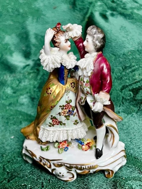 Volkstedt Germany porcelain dancing couple, Dresden lace 1915-34 stamped