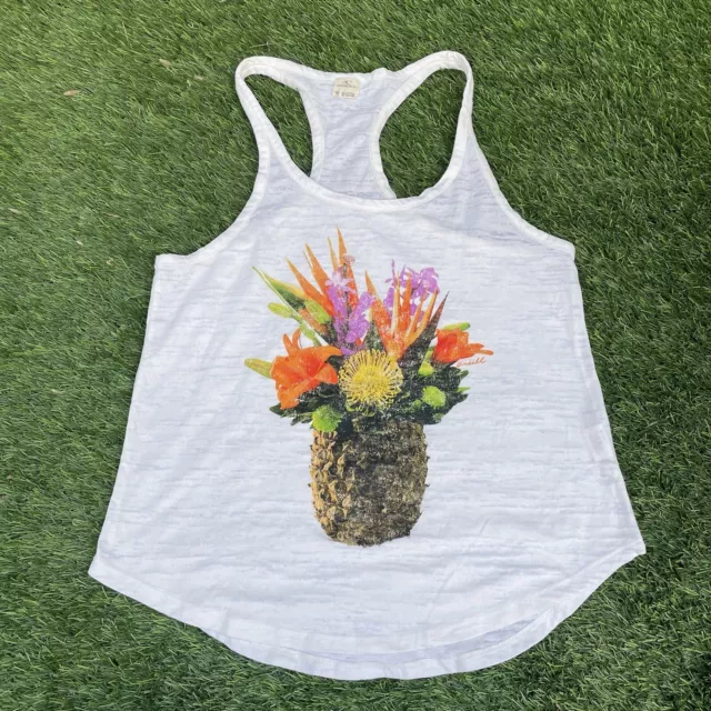 ONeill Tank Top Wom. Med White Racerback Pineapple Floral Graphic Casual Classic