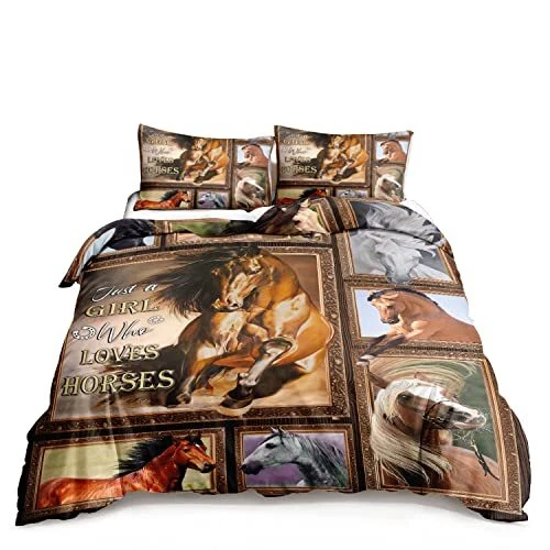 3D Horse Queen Comforter Cover Set  Running Horses Bedding Set for Boys Girls...