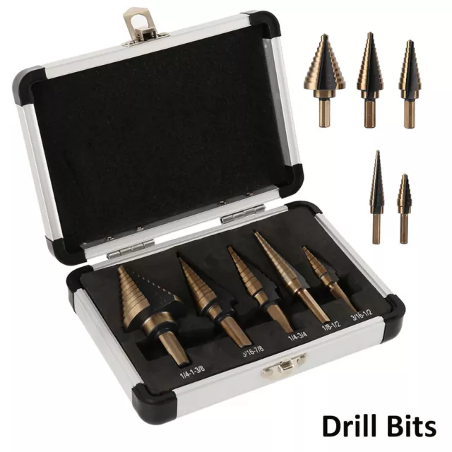 Steel Cone Drill Titanium Bits 5PC HSS Step Set Kit Hole Cutter Aluminum Case US
