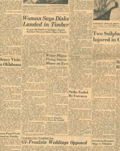 UFO Roswell Original Newspaper July 7 1947 Woman Says Disks landed in Timber B20