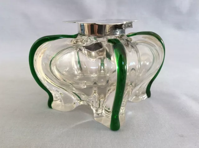 Superb Large Stuart & Sons Green Trailed Glass And Silver Topped Desk Ink Well 2