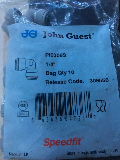 10 Lot John Guest PI0308S Tube Pipe Elbow Connector SpeedFit Pushfit 1/4" x 1/4"