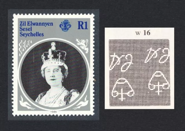 ZES Seychelles Queen Mother 1R Inverted Watermark 1985 MNH SG#115w Sc#101