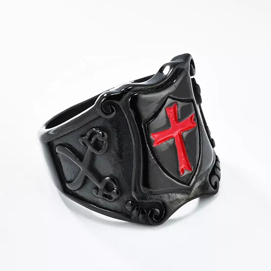 Black Crusader Knight Templar Cross Shield Ring Stainless Steel Retro Biker Ring