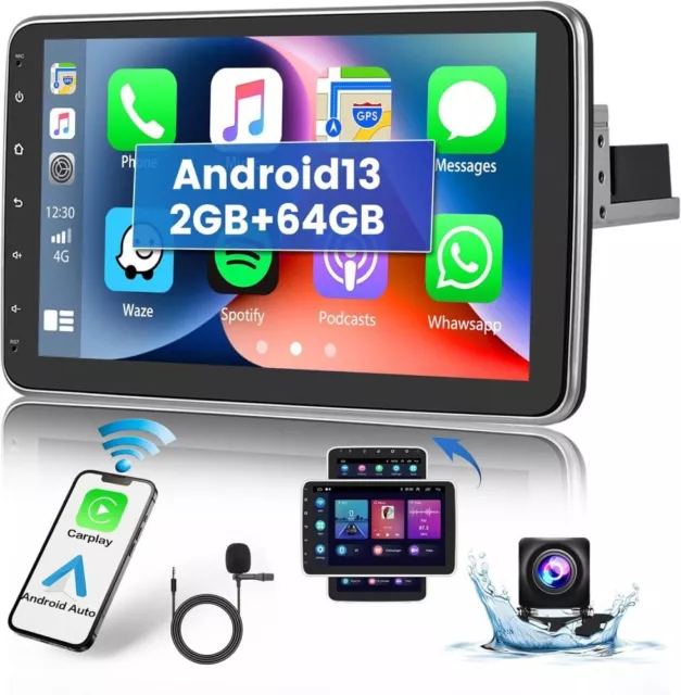 10 Zoll 64G Carplay Autoradio 1 DIN Android 13 GPS NAVI RDS Drehbarer Bildschirm