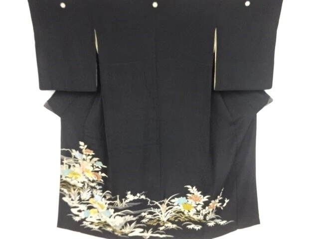 79374# Japanese Kimono / Antique Tomesode / Embroidery / Stream With Floral Plan