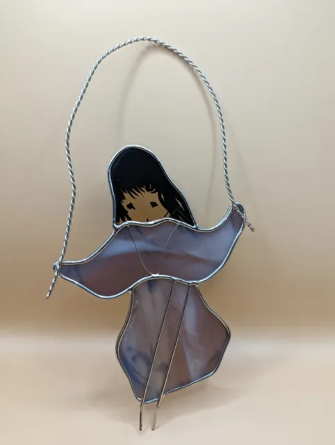 Vintage DeGrazia Toney Signed Stained Glass Girl Jumprope Sun Catcher Purple