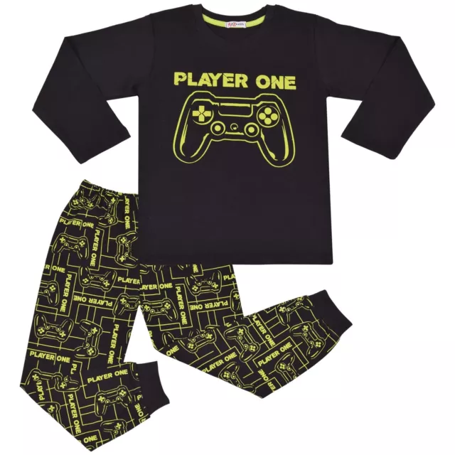Kids Boys Girls Pyjama Player One Contrast Top Bottom 2 Piece Sleepwear Set 2-13
