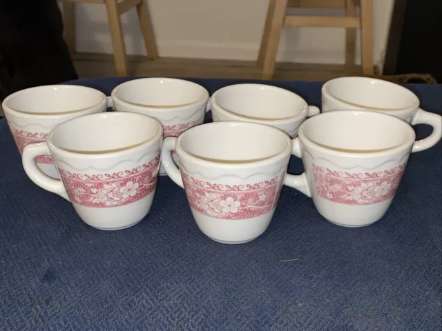 Syracuse China Mugs Red Band with Flowers Lot of 7 - Strawberry Hill