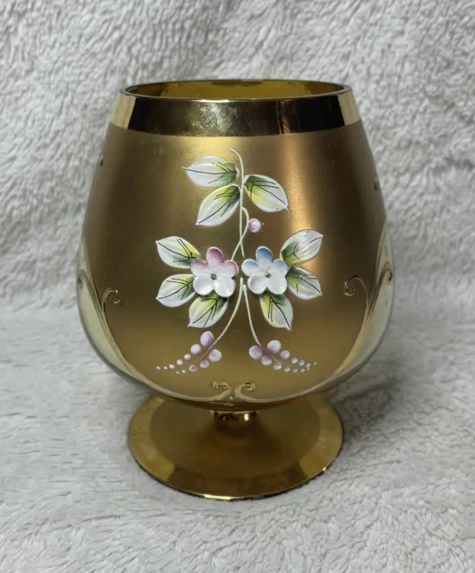 Bohemian Amber Glass Brandy Snifter Hand Painted Flowers Gold Gilt