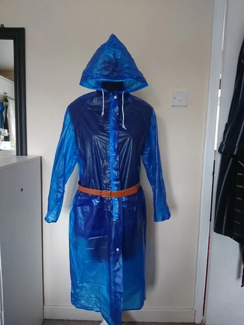 Vintage Blue Shiny Semi Transparent Hooded Pvc Vinyl Raincoat Mac