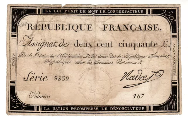 FRANCE ASSIGNAT 250 FRANCS 1793 2 de la REPUBLIQUE DOMAINE NATIONAUX REVOLUTION