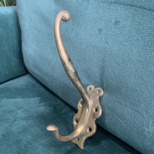 Antique LARGE Coat Hook Victorian Solid Cast Brass Vintage Original Reclaimed 2