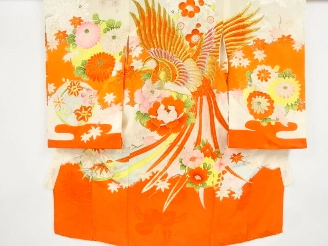 37690# Japanese Kimono / Antique Kimono For Girls / Embroidery / Floral Plants &