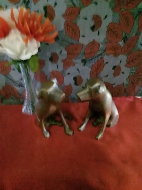 A Pair Of 5" Tall  Solid Brass Gold Tone, "IHI" Made In India Dog Statues