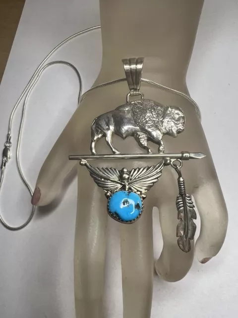 Running Bear Navajo Native American Sterling Silver Turquoise  Buffalo Pendant
