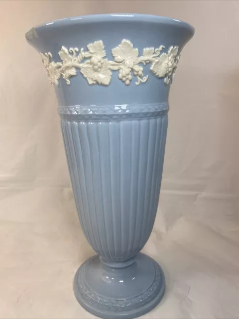 Wedgwood Vase Etruria and Barlaston  Embossed Queens Ware Blue Vase ( Chipped)