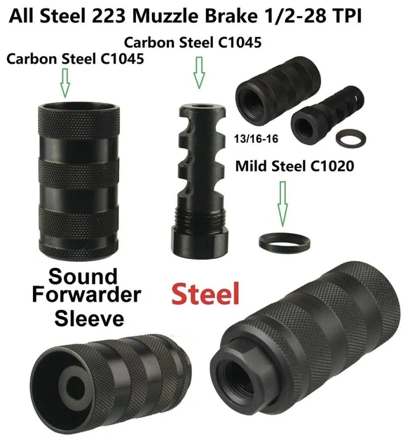 Steel Compact Muzzle Brake 1/2x28 TPI .223 .22LR 5.56With Crush Washer