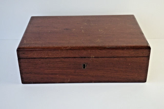 Antique wooden box hinged lid missing key Ditty Box internal triangle corners