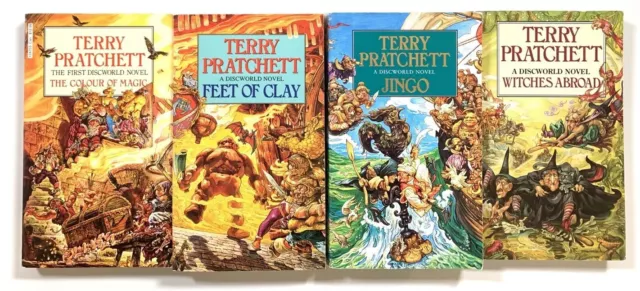 4x Terry Pratchett Discworld Books The Colour Of Magic Feet Of Clay Jingo Novels