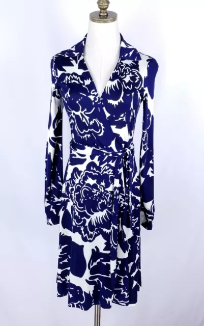 Diane Von Furstenberg Silk Wrap Dress Size 4 Navy Blue White Floral Long Sleeve