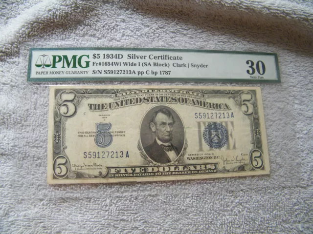 pmg 30 very fine $5 1934d silver certificate fr#1654wi widei (sa block) auctionc