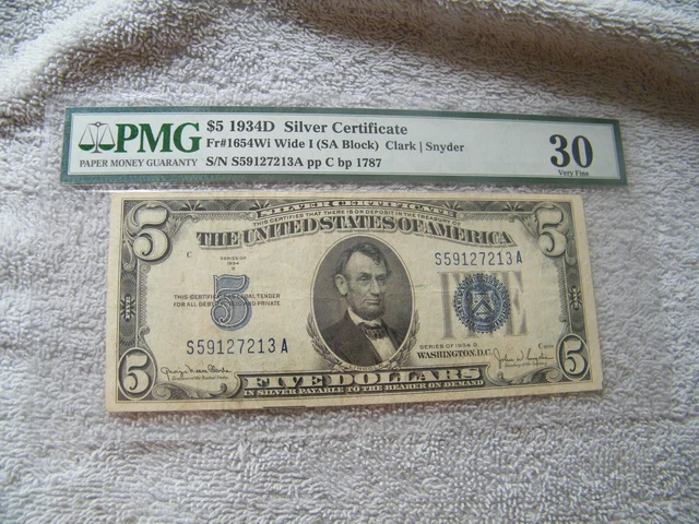 pmg 30 very fine $5 1934d silver certificate fr#1654wi widei (sa block) auctionc
