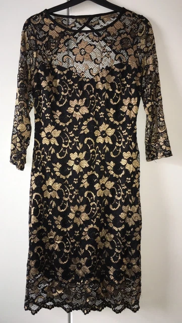 Atmosphère femme flambant neuve - noir et or et vin.  Robe dentelle - Taille 12 Royaume-Uni.