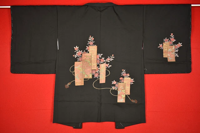 Vintage Japanese Kimono Silk Antique BORO Black HAORI Kusakizome Dyed/B772/615
