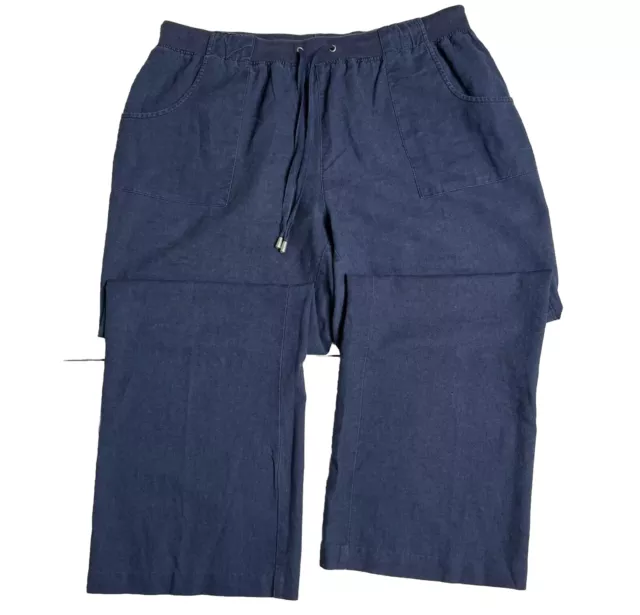 Fluent Life Essentials Womens Pants Size 12 Blue Capri Linen Cotton Drawstring