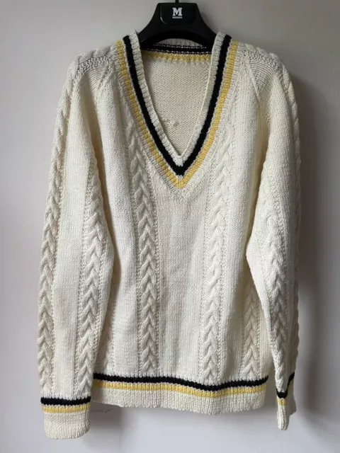 Vintage Classic Cricket Jumper Cream Cable Knit 100% Wool V Neck S/M