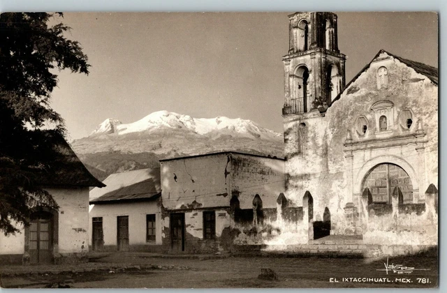 Volcano Mt Ixtaccihuatl Behind Old Cathedral Mexico 1940's Vtg RPPC Postcard